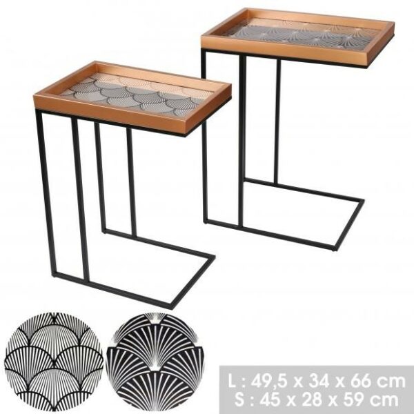 Table D’appoint Set de 2 Meubles Bout de Canapé avec Plateau Décoré Forme Géométrique Noir et Blanc et leur Structure en Métal Industriel Noir Hapygood